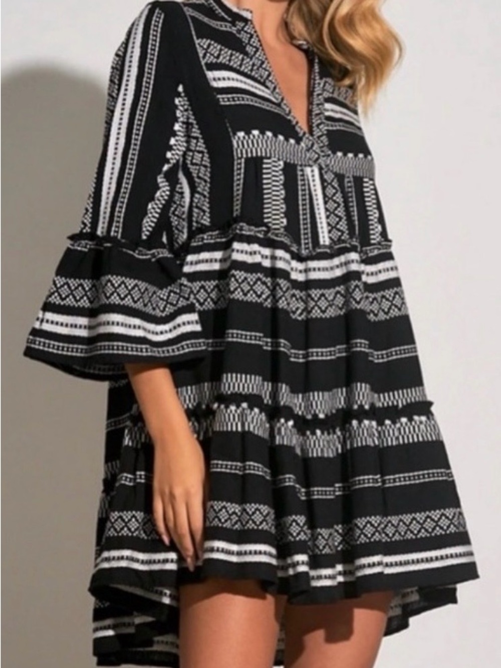 Black and White Patterned Tiered Dress